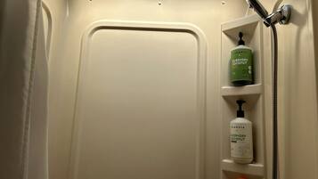 Hair dryer, towels, soap, shampoo