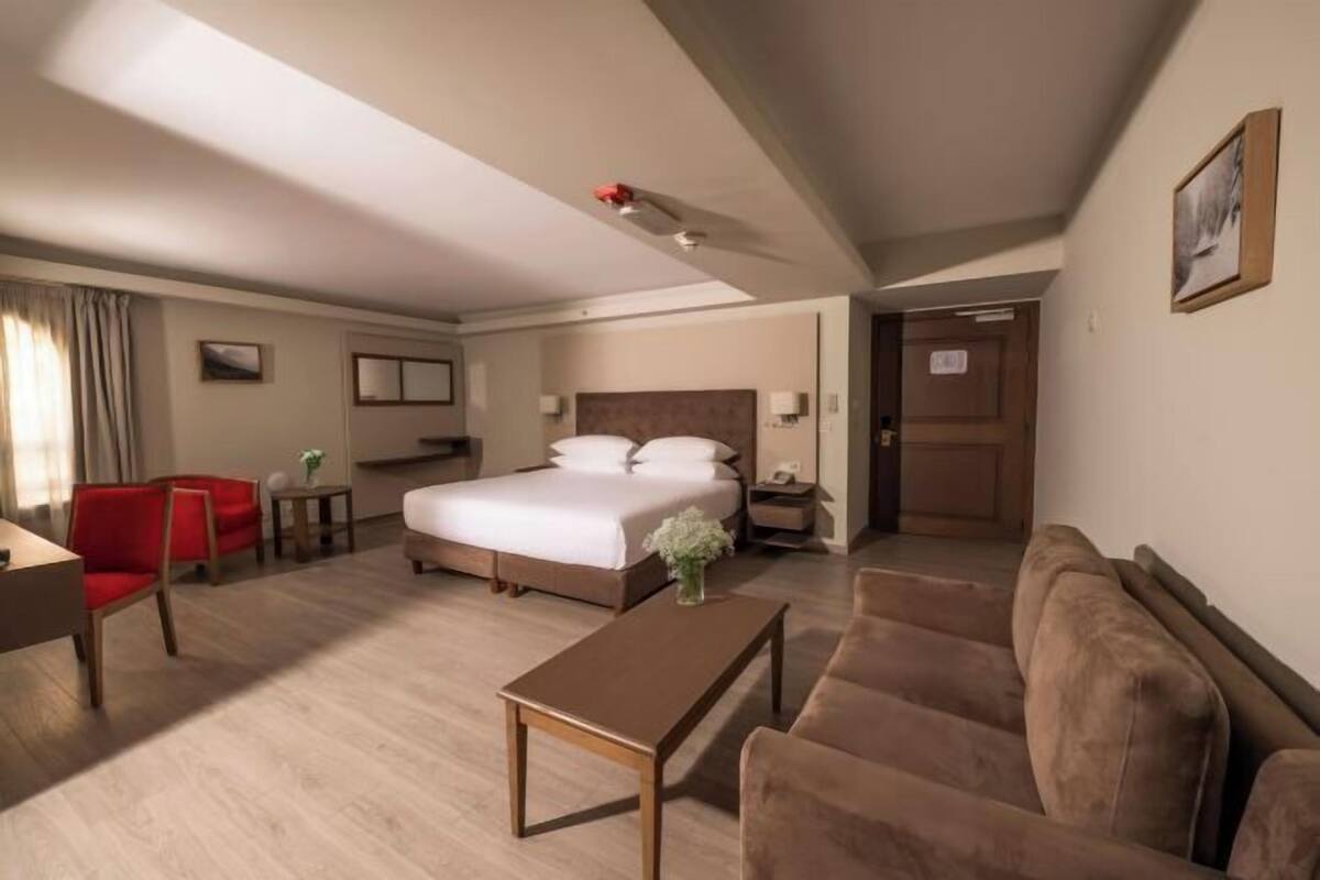 Une chambre d’hôtel avec un lit, une chaise rouge, un canapé marron, une table basse en bois et une petite table sur laquelle est posé un vase.