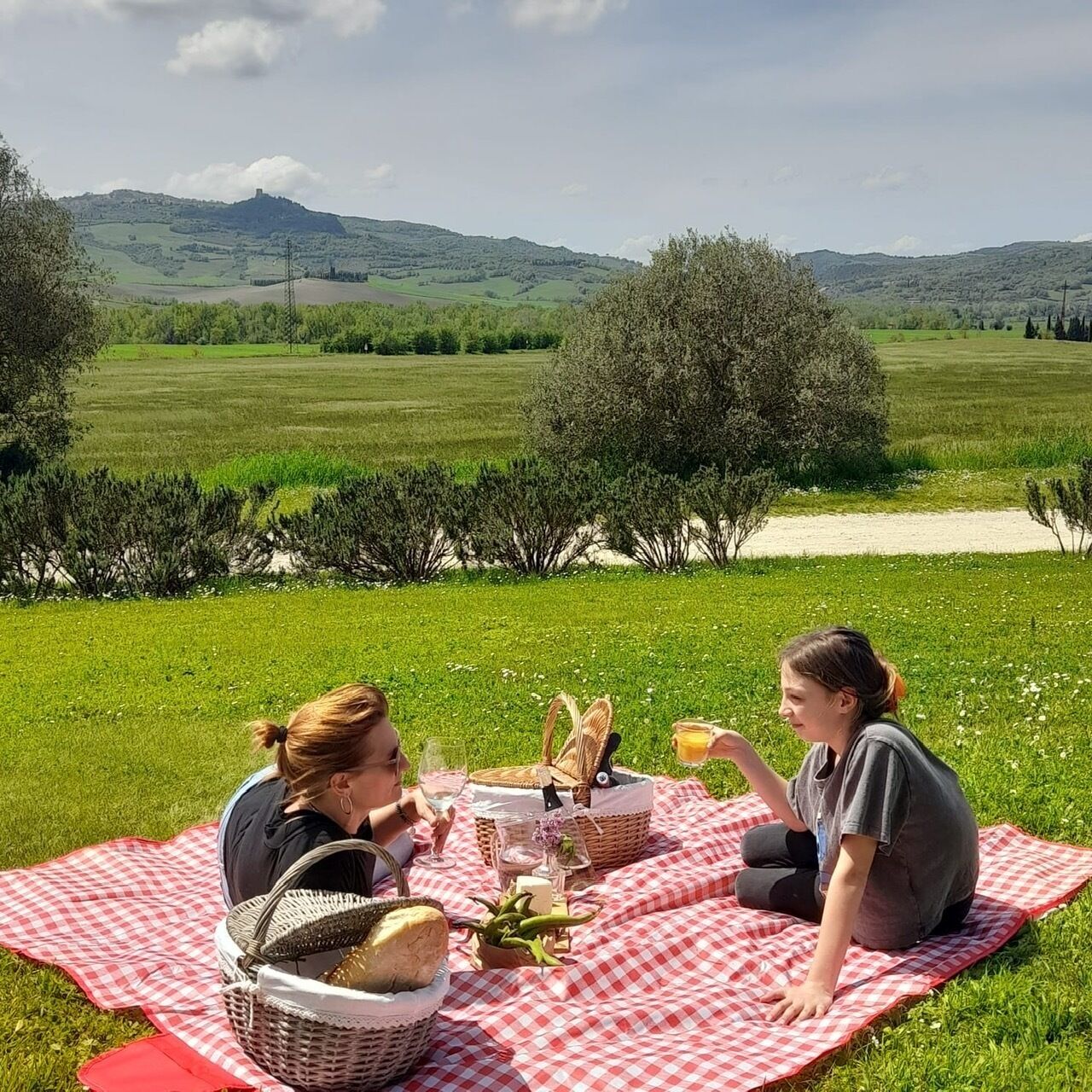 Dos personas sentadas sobre una manta de picnic a cuadros al aire libre, con una vista panorámica de colinas y árboles al fondo.
