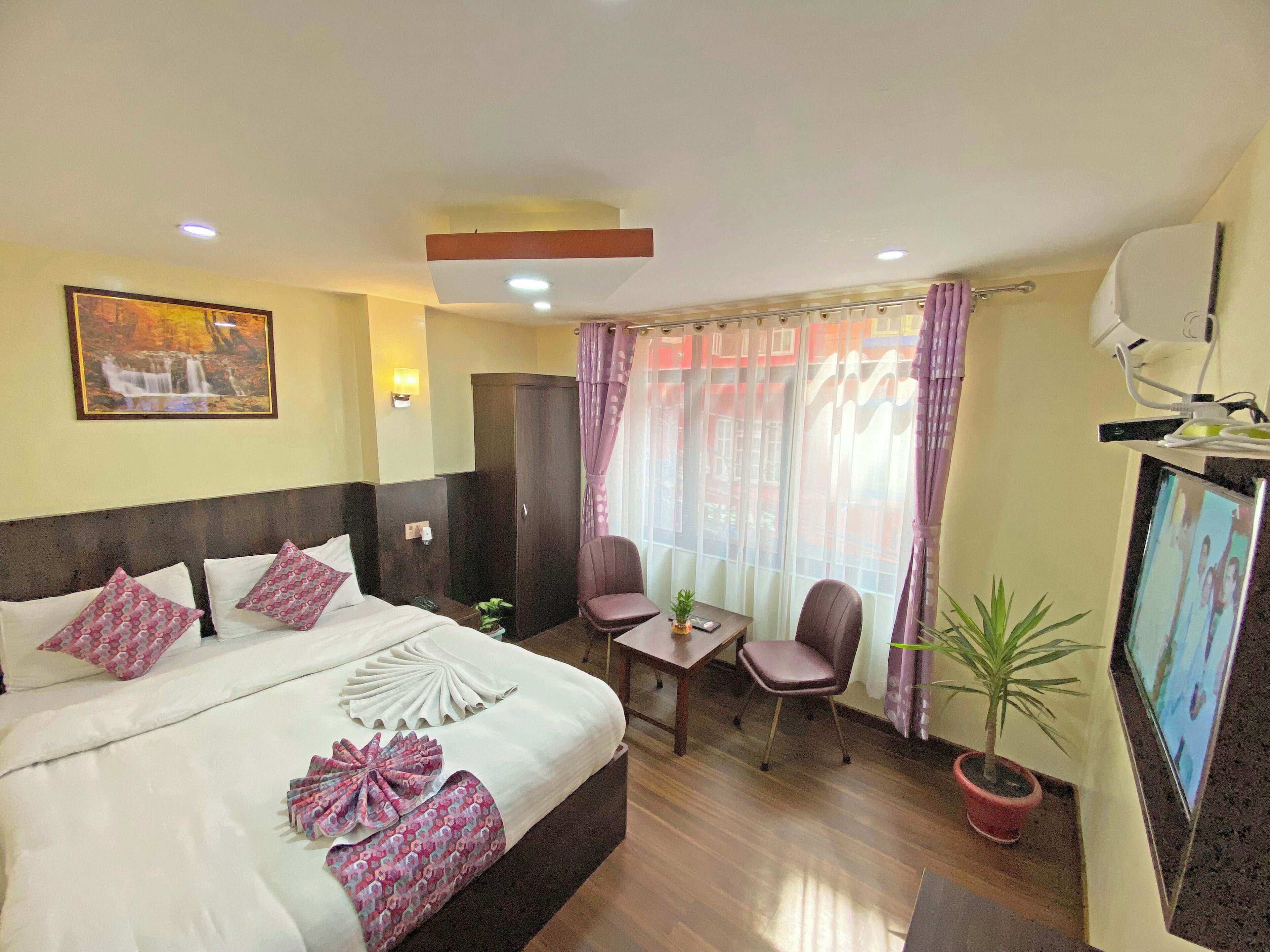 A hotel room with a bed, a desk, a chair, a television, and a potted plant.