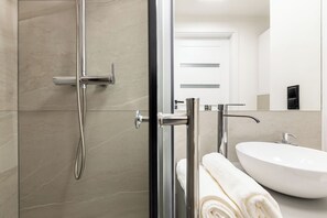 Douche, sèche-cheveux, serviettes fournies, papier toilette