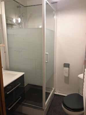Shower, hair dryer, toilet paper