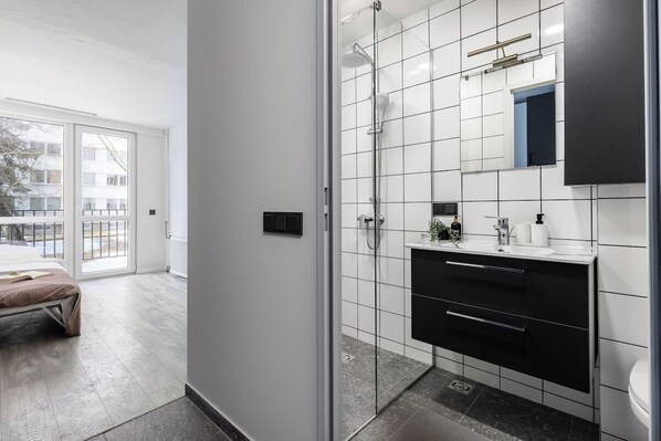 Shower, free toiletries, hair dryer