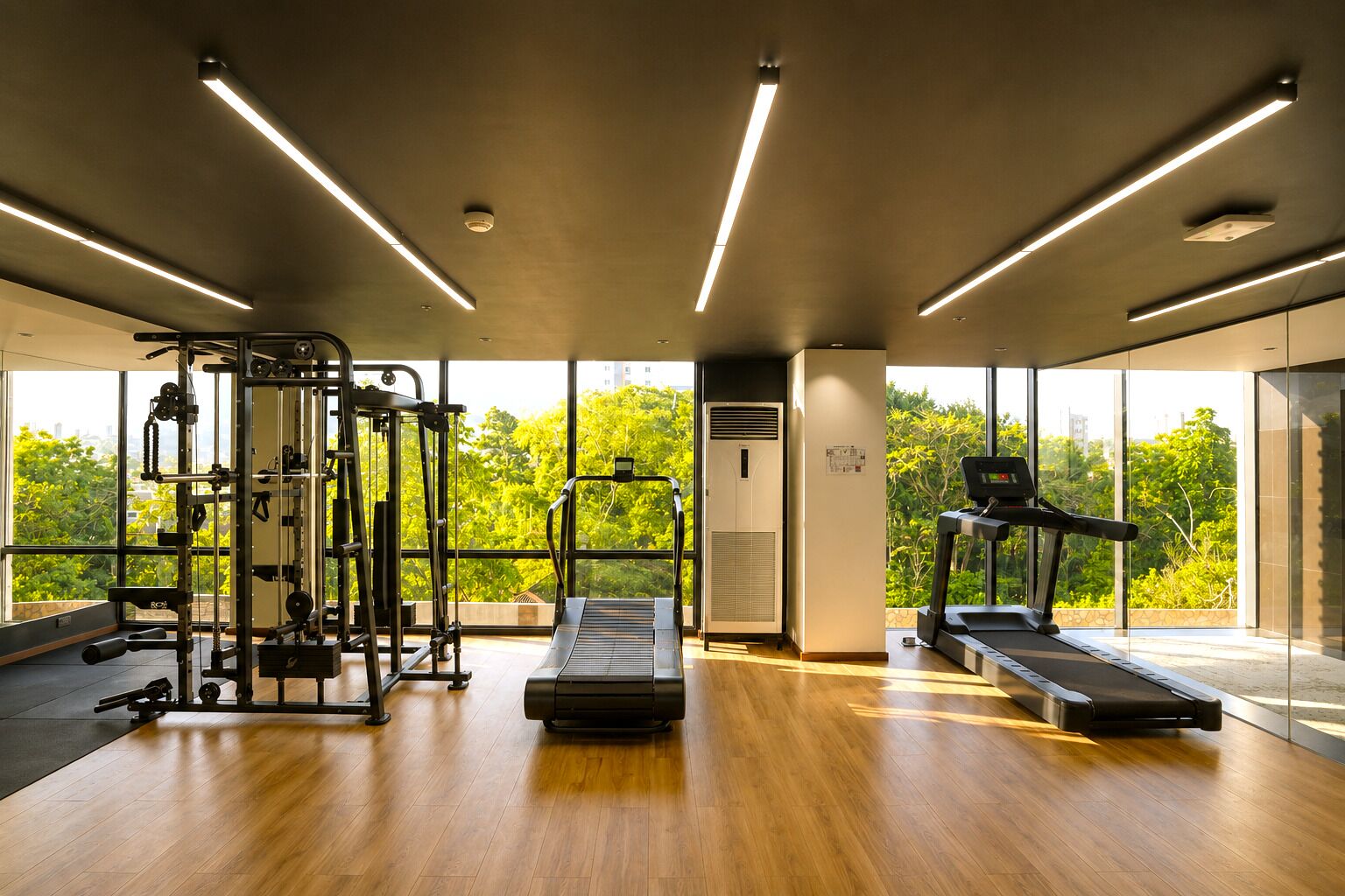 A gym with exercise equipment, a treadmill, and large windows with a view of trees.