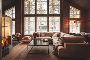 Televisión, chimenea, estéreo