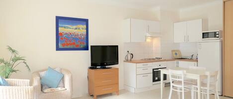 A compact living space with a kitchenette, a television, a dining area, and a single bed.