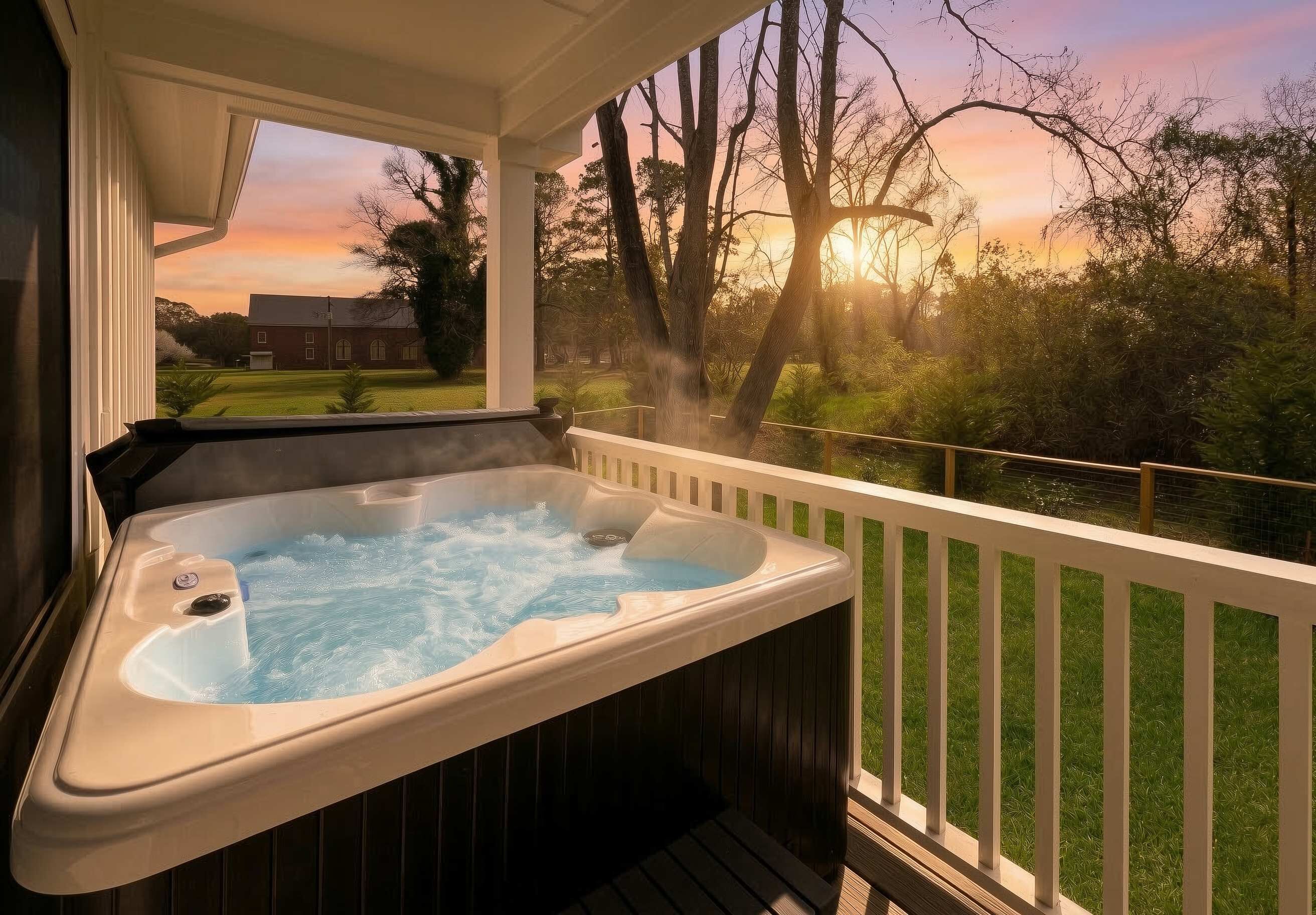 Un jacuzzi en una terraza de madera con vistas a un atardecer y árboles.