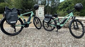 Zwei E-Bikes auf einem Kiesweg, im Hintergrund eine Steinmauer und Bäume.