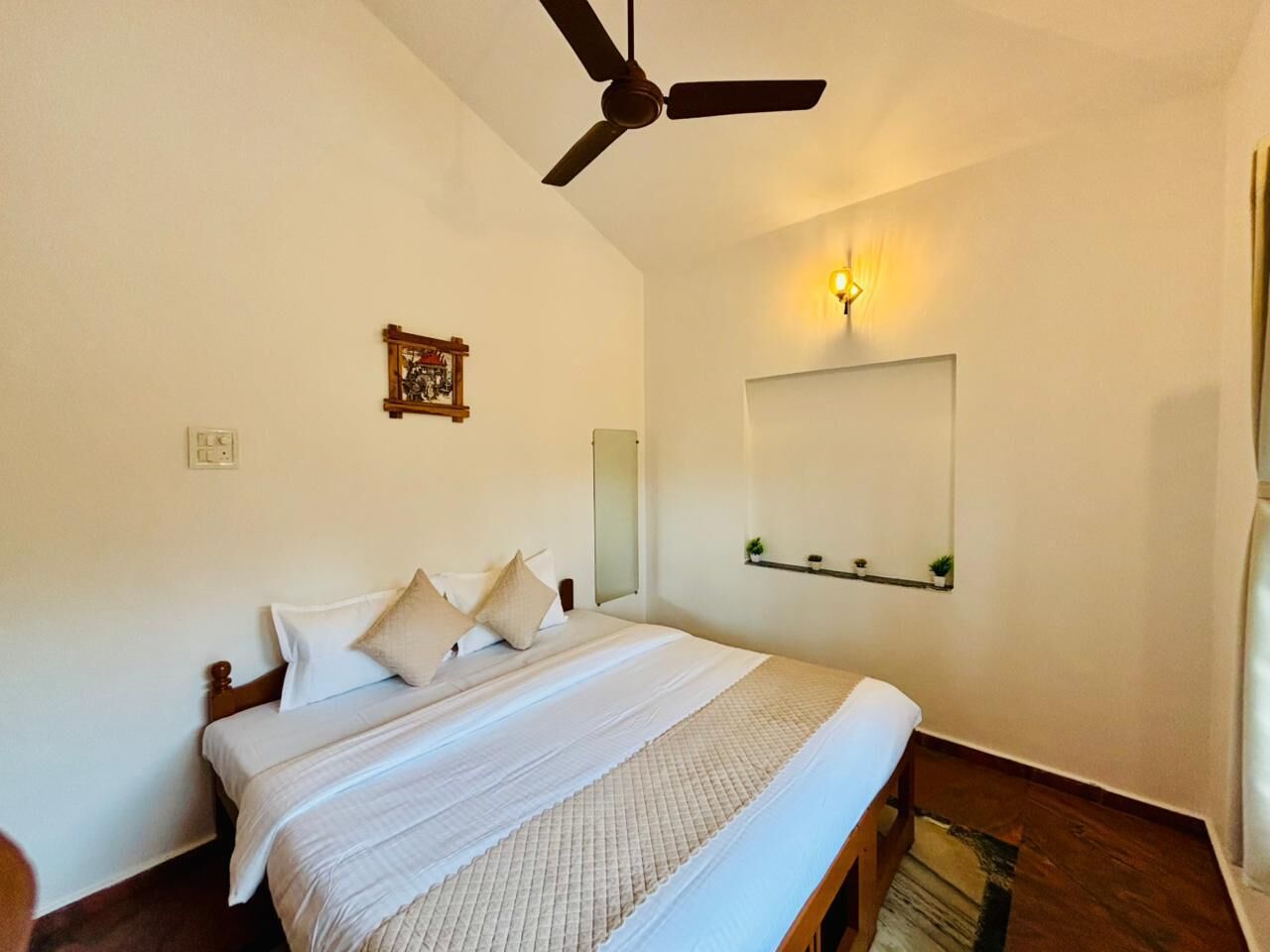 A bedroom with a bed, a ceiling fan, a wall-mounted light, and a small shelf with plants.