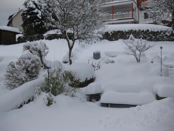 A residential area with snow-covered ground, trees, and a building with a balcony.