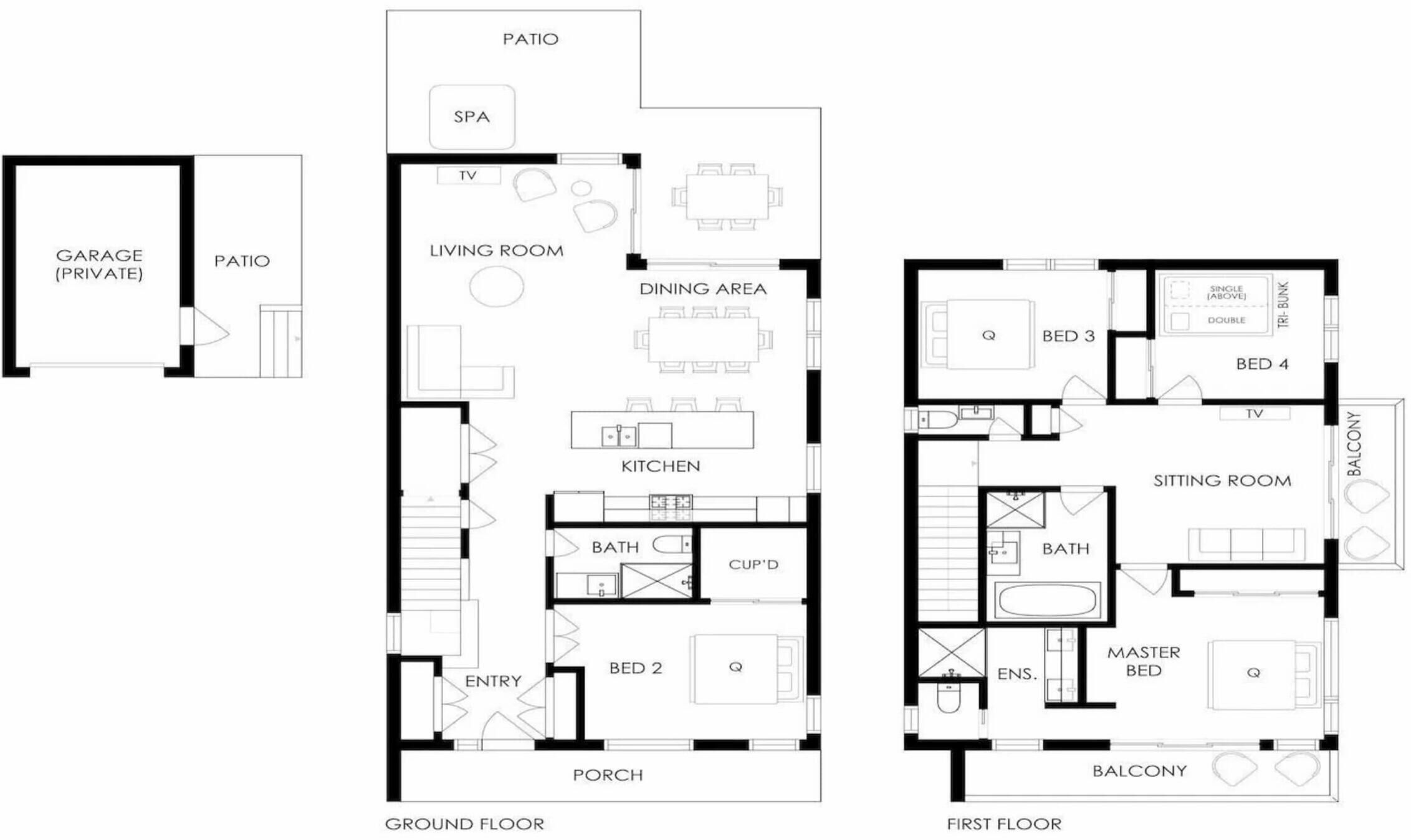 A hotel floor plan with a ground floor and first floor. The ground floor includes a private garage, patio, living room, dining area, kitchen, two bedrooms, a bathroom, and a porch. The first floor features a sitting room, master bedroom, balcony, and a bathroom.