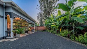 Un sendero pavimentado que conduce a un edificio con pared de ladrillo y jardín con diversas plantas.