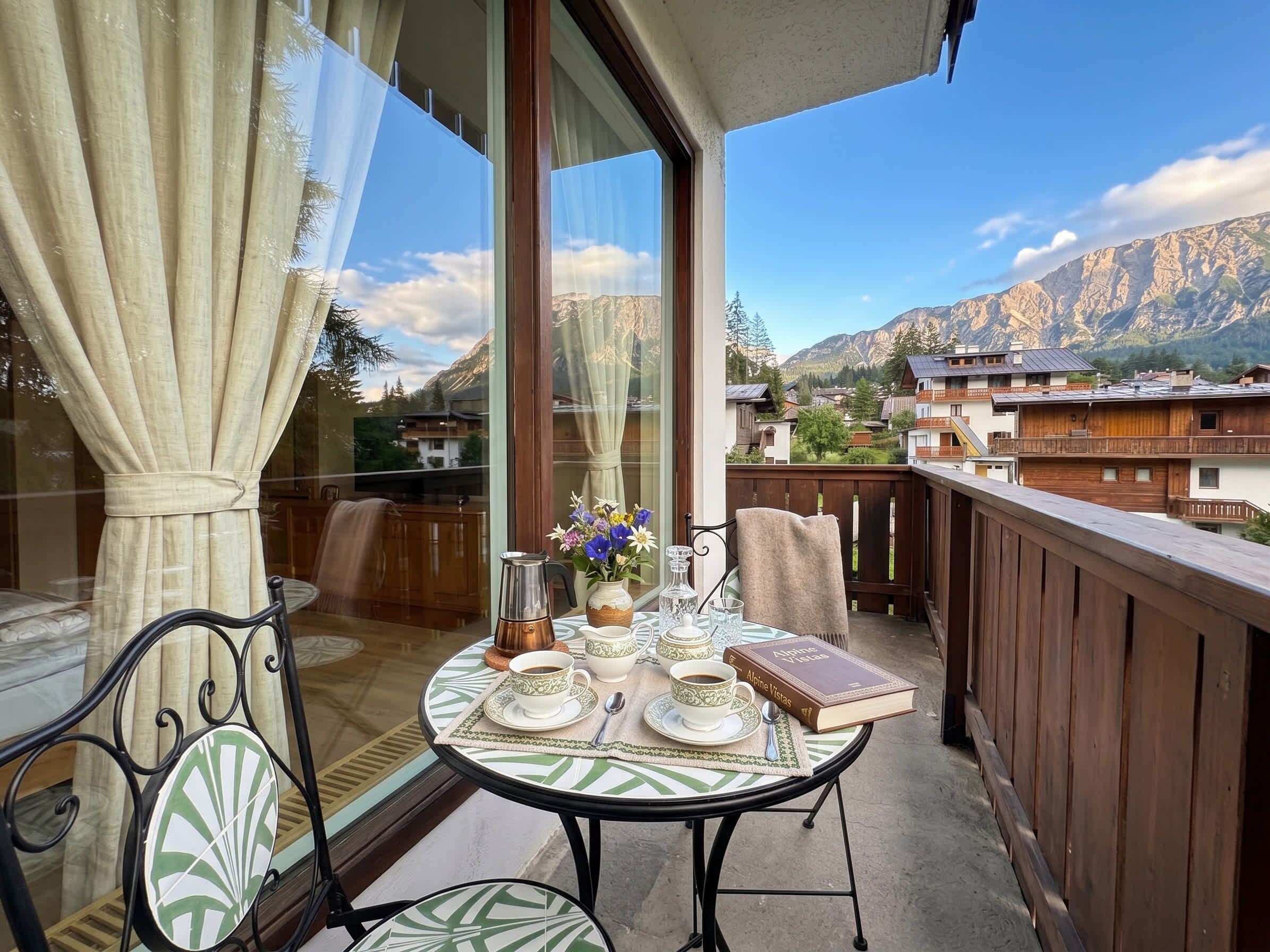 Un balcón con una mesa dispuesta para dos, una cafetera, tazas, un libro titulado 'Alpine Vistas' y vistas a las montañas.