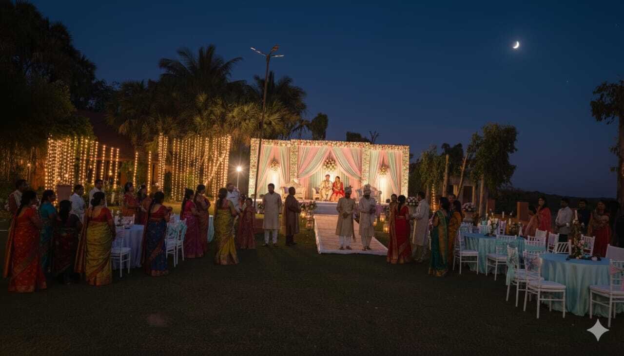 An outdoor wedding ceremony with a decorated stage and guests seated at tables.