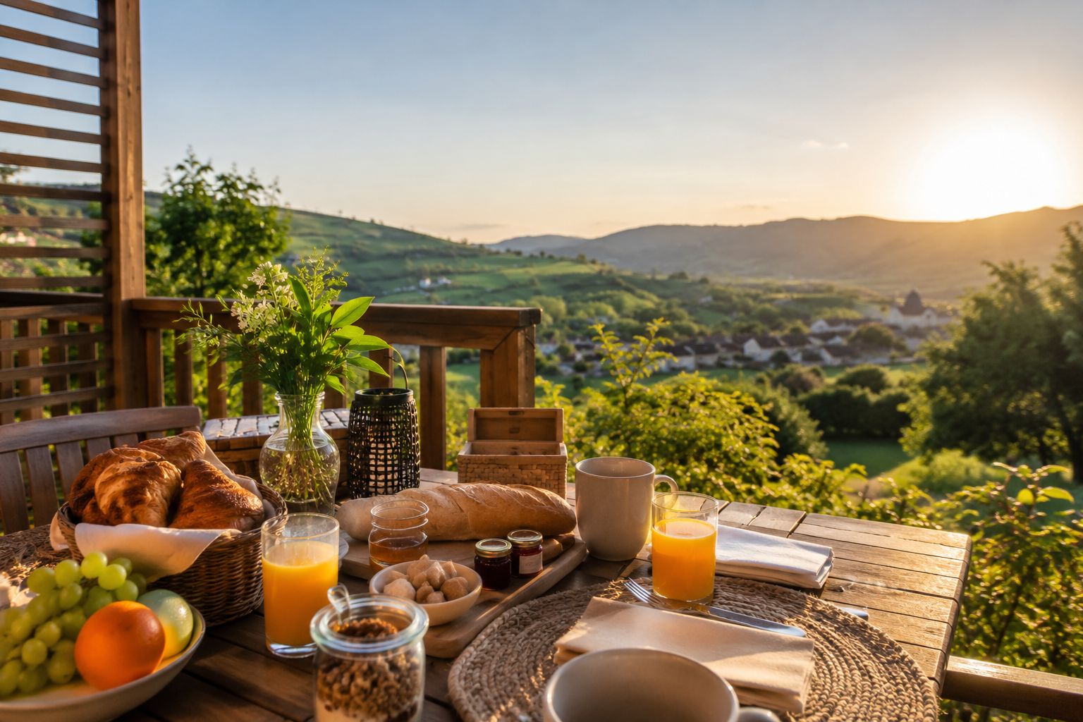 Disposição para o café da manhã com pão, frutas e suco em mesa de madeira com vista panorâmica.