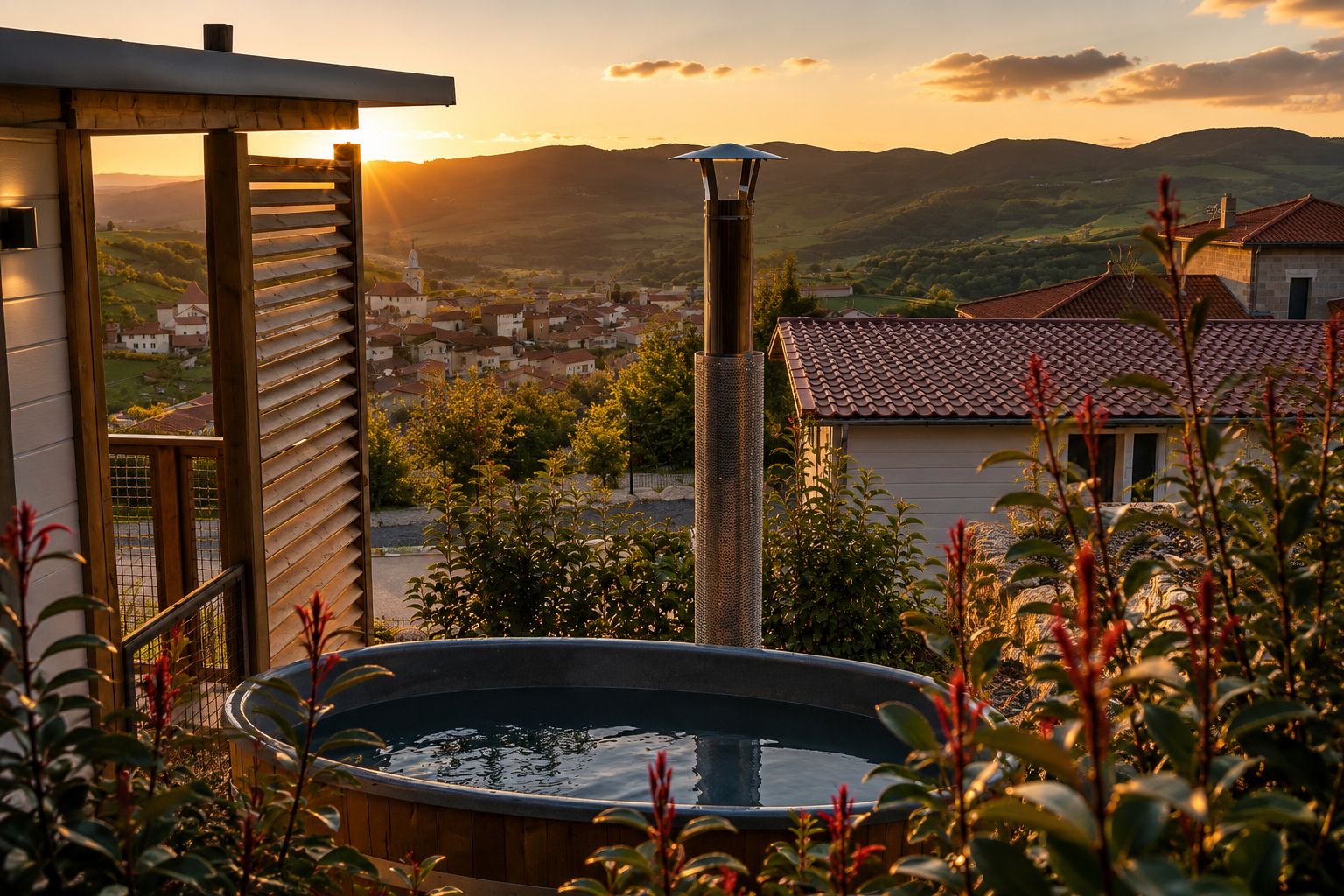 Un bain à remous avec vue sur une ville et des montagnes en arrière-plan.