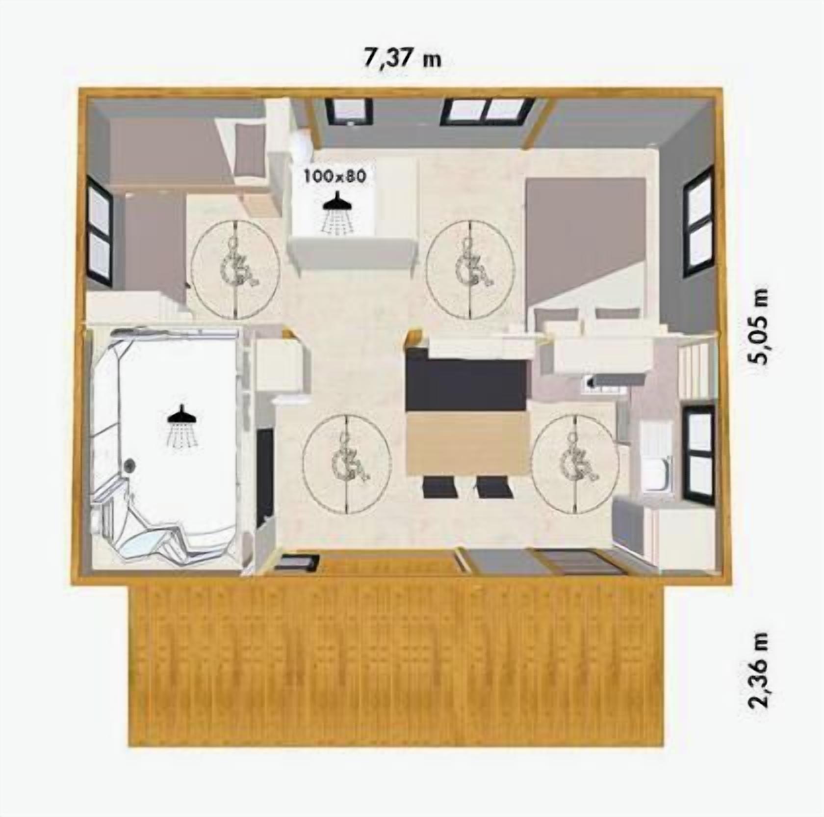 Et 7,37 m x 5,05 m værelse med et 2,36 m x 2,36 m badeværelse, et 100x80 m spiseområde og et 100x80 m køkken.