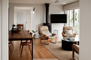 Smart TV, fireplace, books