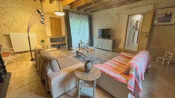 Tv, eldstad, dvd-spelare och kontor