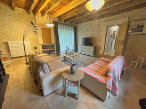 Televisio, takka, DVD-soitin, työhuone