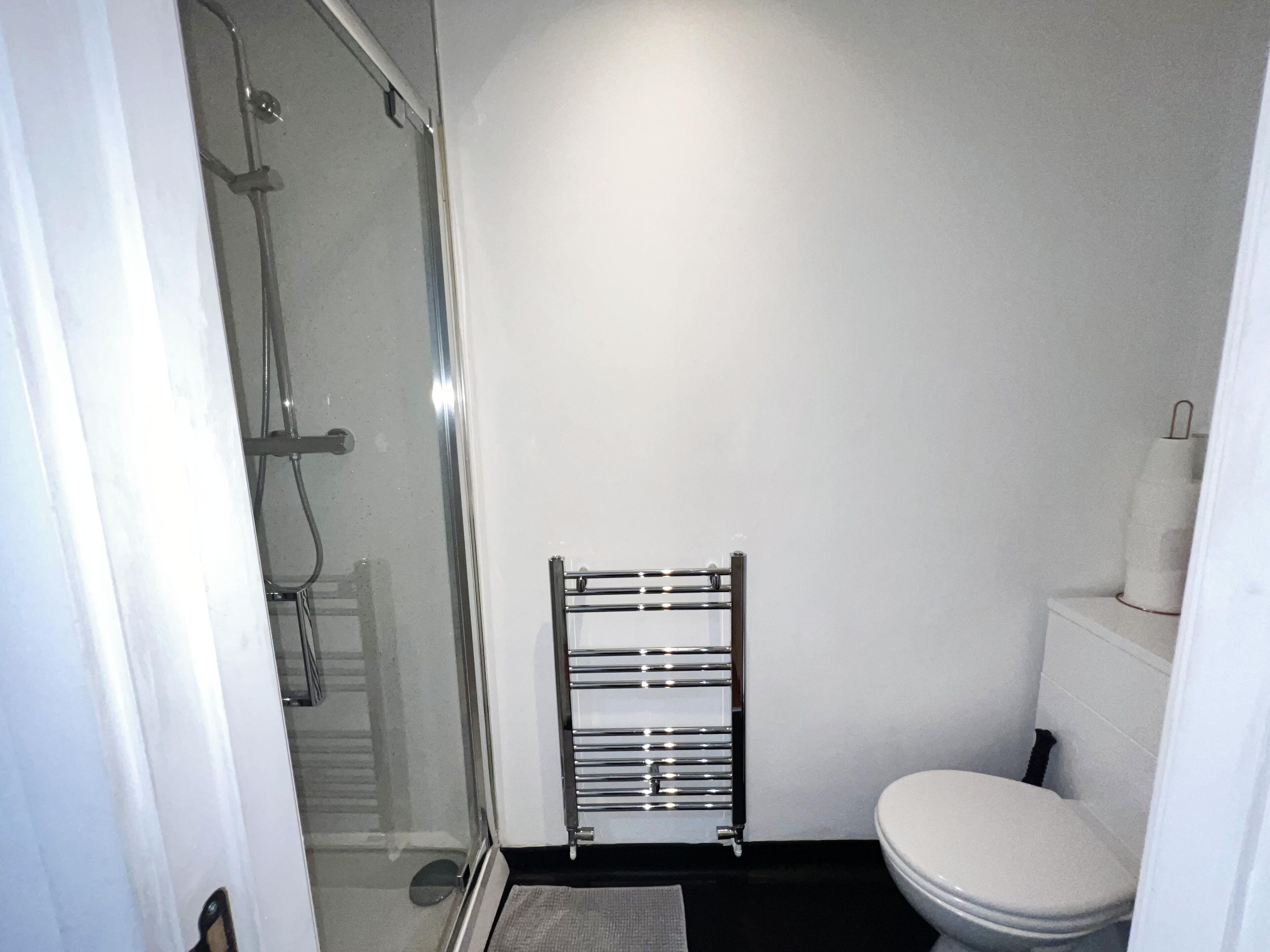 A bathroom with a glass shower enclosure, a white toilet, and a towel rack.