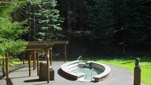 A circular hot tub with a wooden pergola and a statue in a park setting. - Die Heilsbach (Schönau)