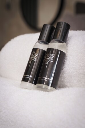 Hair dryer, towels, soap, shampoo