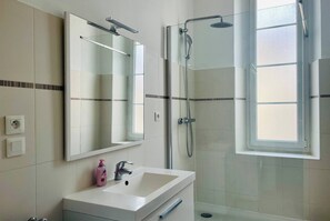 Shower, hair dryer, towels