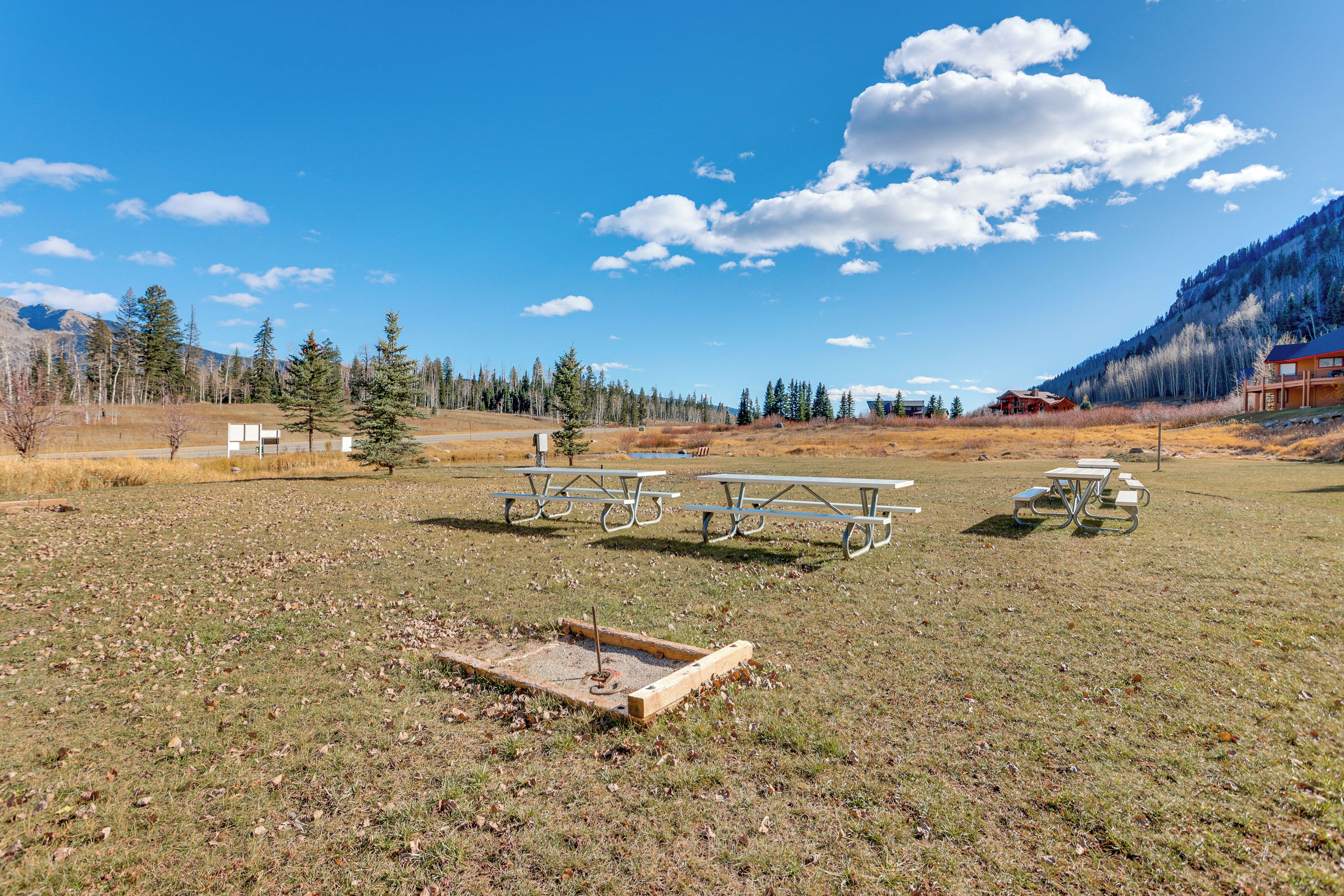 A picnic area with tables and benches, surrounded by trees and a mountain in the background.