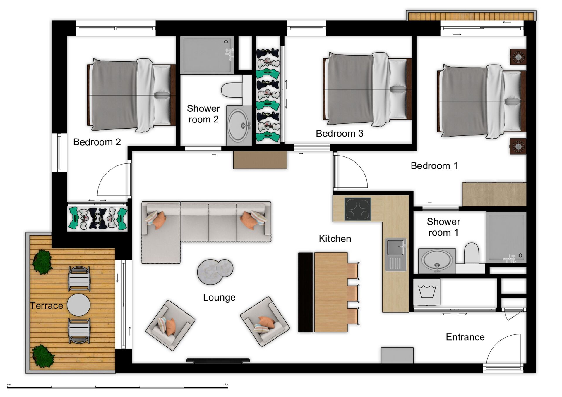 En planritning över ett hotell med tre sovrum, två badrum, ett kök, en lounge och en terrass.