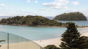 A beach with clear turquoise water, a sandy shore, and a forested island in the distance.