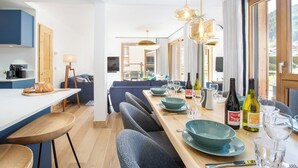 Dining - Apartment Camelia hosted by More Mountain, Morzine | Beautiful Garden Apartment with Outdoor Jacuzzi in central Morzine. Opposite the Super Morzine Telecabine with 4 double/twin bedrooms and bunk room, you cannot beat this for size and location. (Morzine)