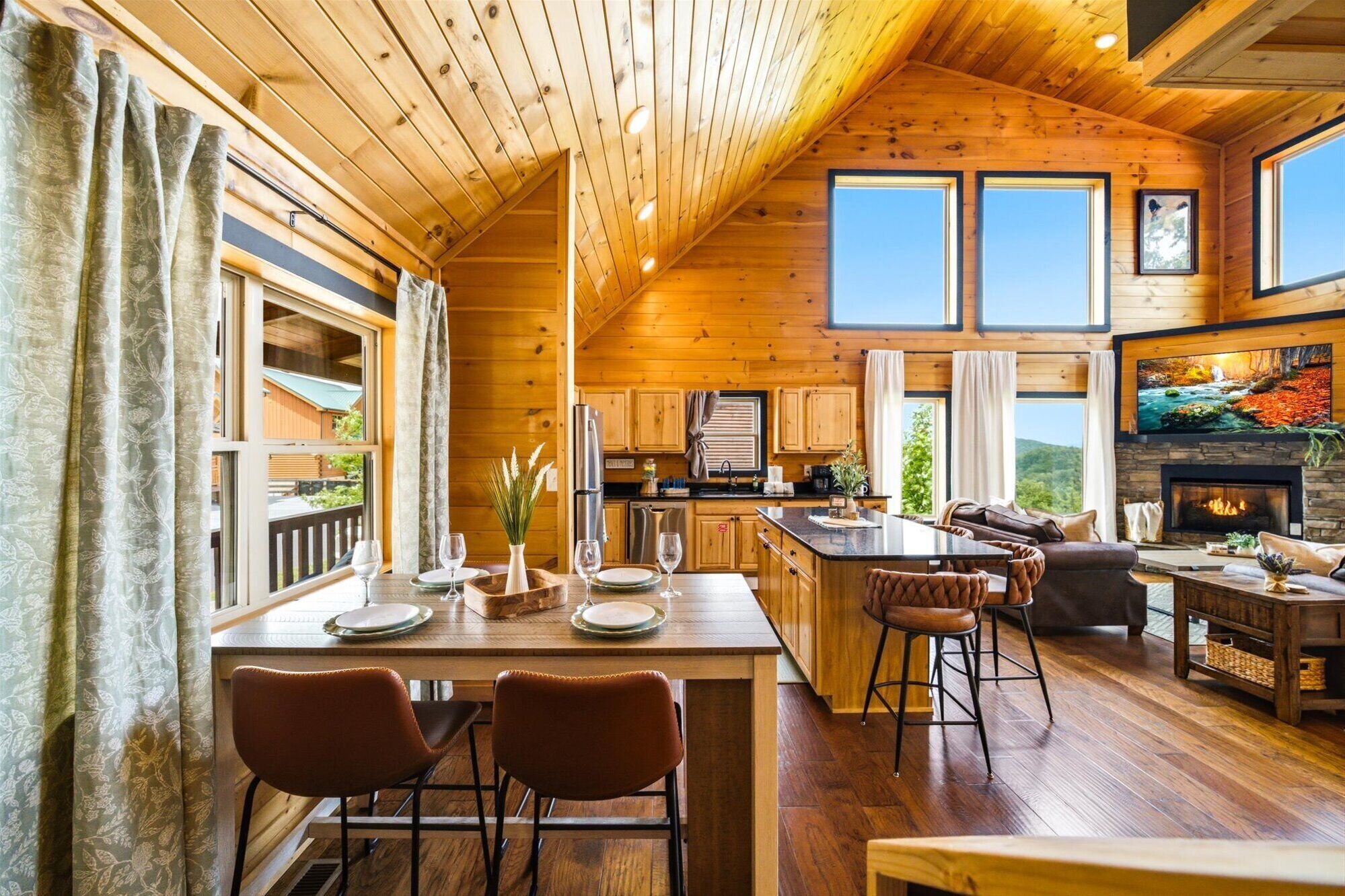 Basic Cabin, Mountain View | Living area | Flat-screen TV, fireplace, video game console