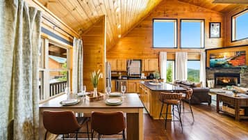 Basic Cabin, Mountain View | Living area | Flat-screen TV, fireplace, video game console