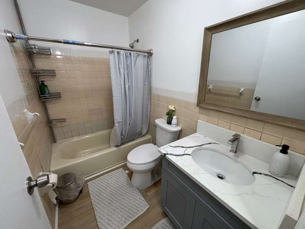Un baño con bañera, inodoro, lavamanos y un espejo grande.