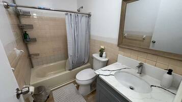 Un baño con bañera, inodoro, lavamanos y un espejo grande.