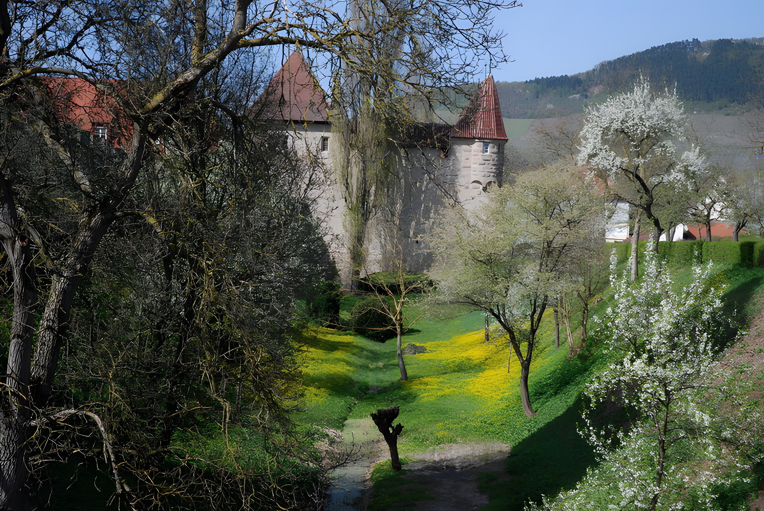 A castle with a stone wall, a red roof, and a pathway leading to it.