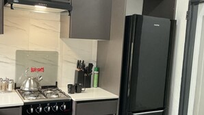 Una cocina moderna con un refrigerador negro, una estufa y un lavamanos.