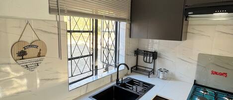 Fridge, oven, stovetop, cookware/dishes/utensils