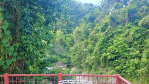A stone patio with two white metal chairs and a table, overlooking a lush green forest and a stream. - Riverfront Home Perfect for Groups in the Middle of the Mountains (Vallejito Abajo)