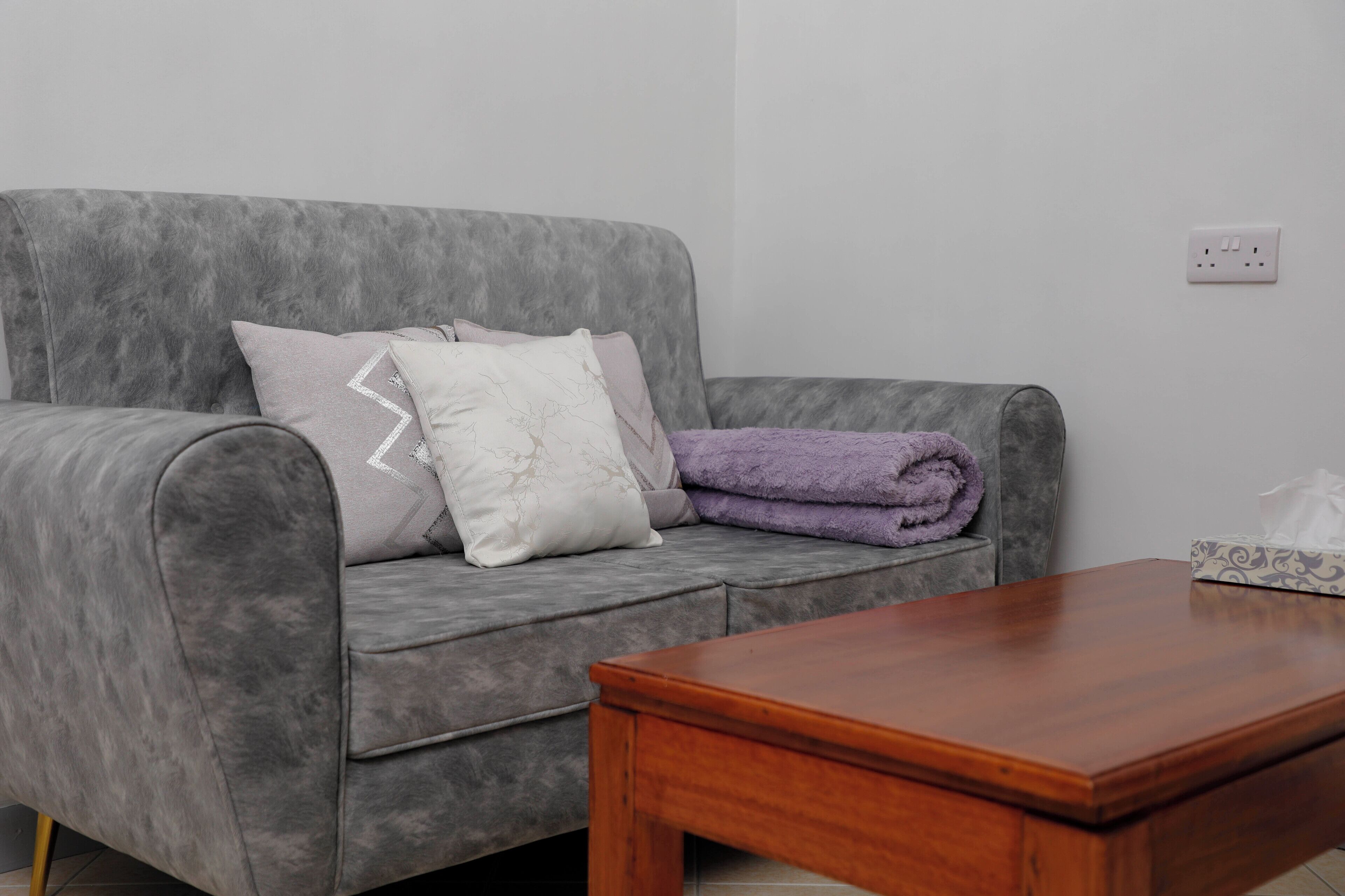 Un sofá gris con una mesa de centro de madera, un enchufe blanco en la pared y una caja de pañuelos sobre la mesa.