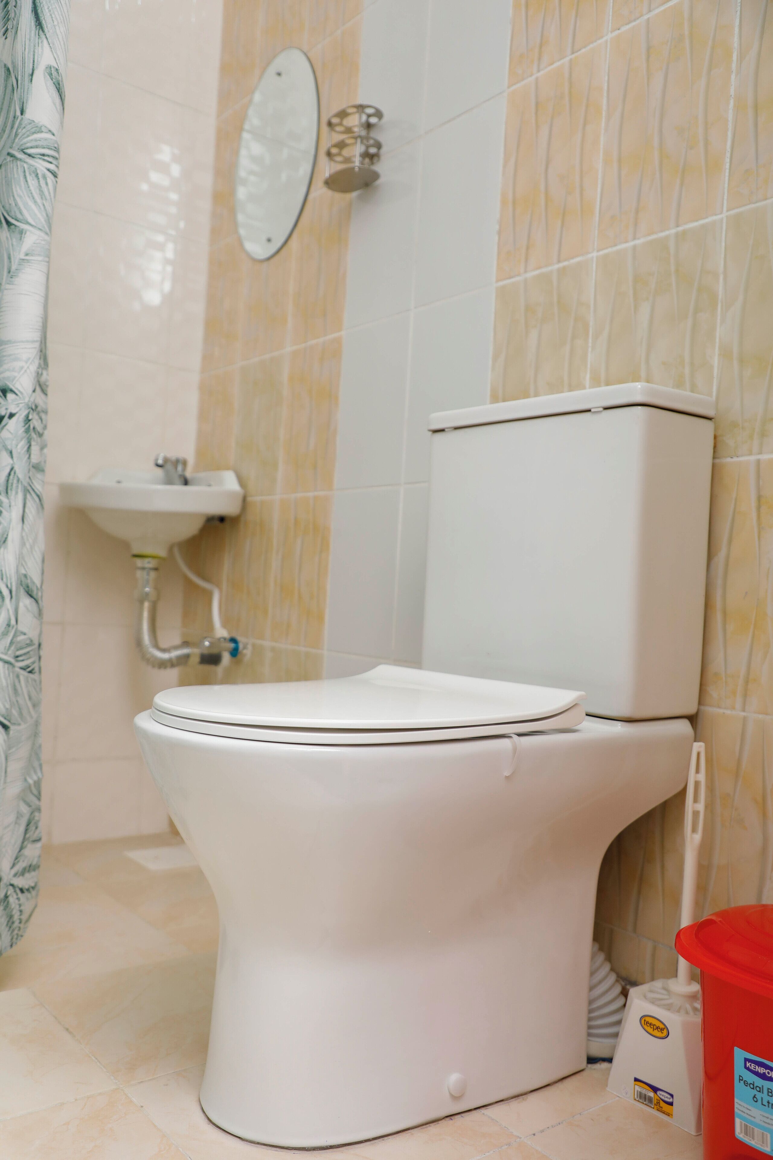 A bathroom with a toilet, a sink, and a mirror on the wall.