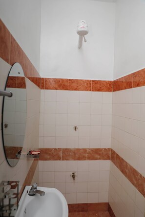 A bathroom with a white sink, a mirror, and a handheld showerhead mounted on the wall. - Nakuru Guest Suites (Nakuru)