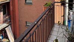 Un balcón con barandilla de metal, una planta en maceta y suelo de baldosas.