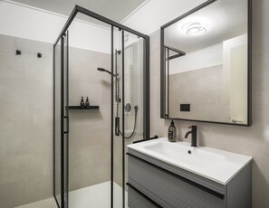 Shower, hair dryer, bidet, towels