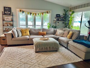 Smart TV, fireplace, DVD player, books