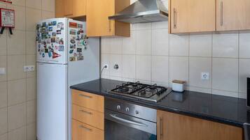 Een magnetron, een oven, een kookplaat, een vaatwasser