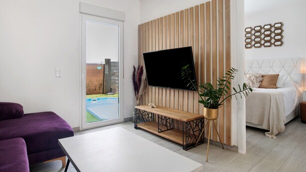 A modern living room with a sofa, a coffee table, a TV mounted on a wooden panel, a bed with a headboard, and a potted plant. - Holiday Home 'Casita Dana' with Private Pool, Wi-Fi and Air Conditioning (Conil de la Frontera)
