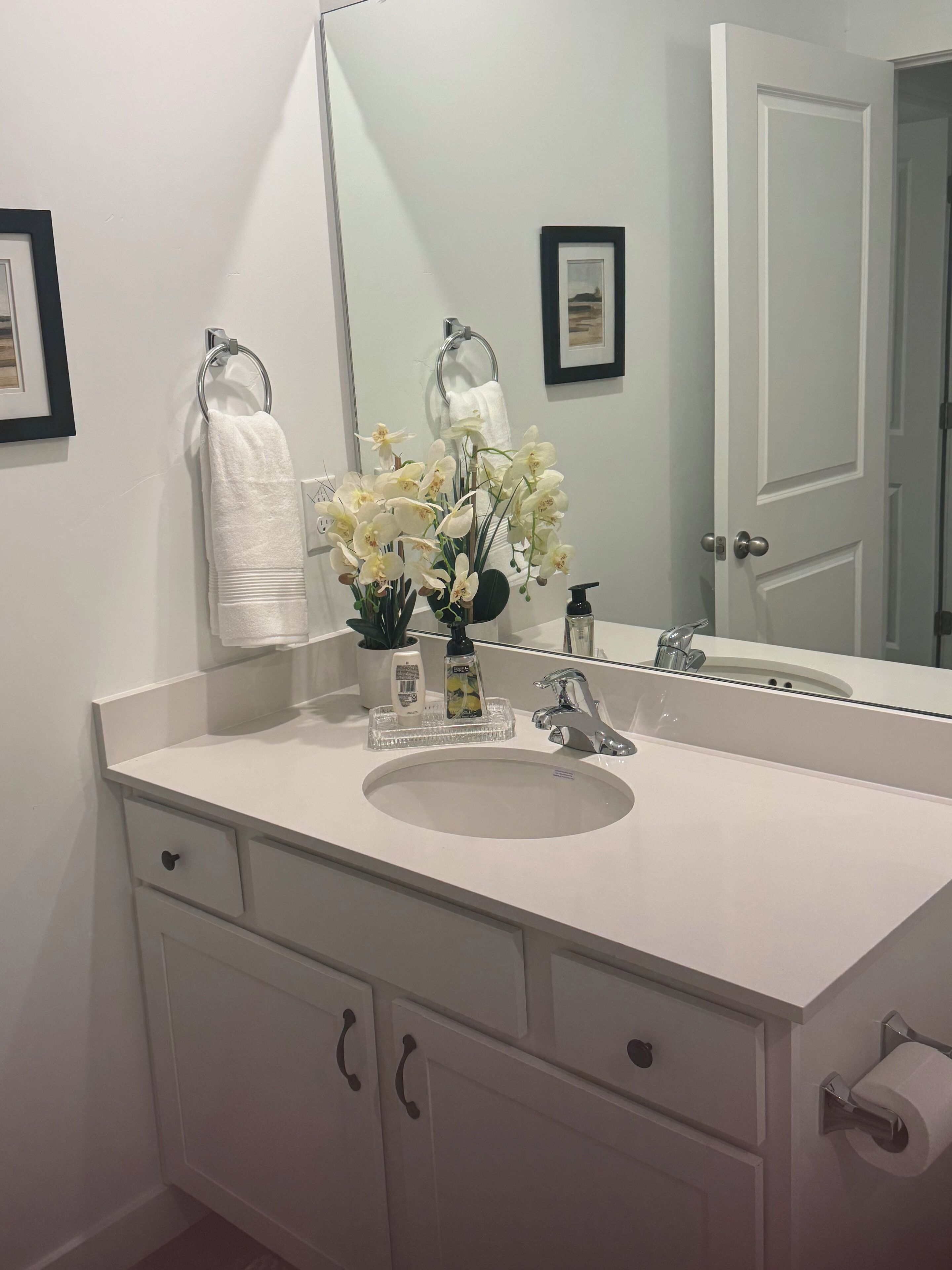 Un baño con un lavamanos blanco, un espejo, un perchero para toallas, un dispensador de papel higiénico y una pequeña planta con flores blancas.