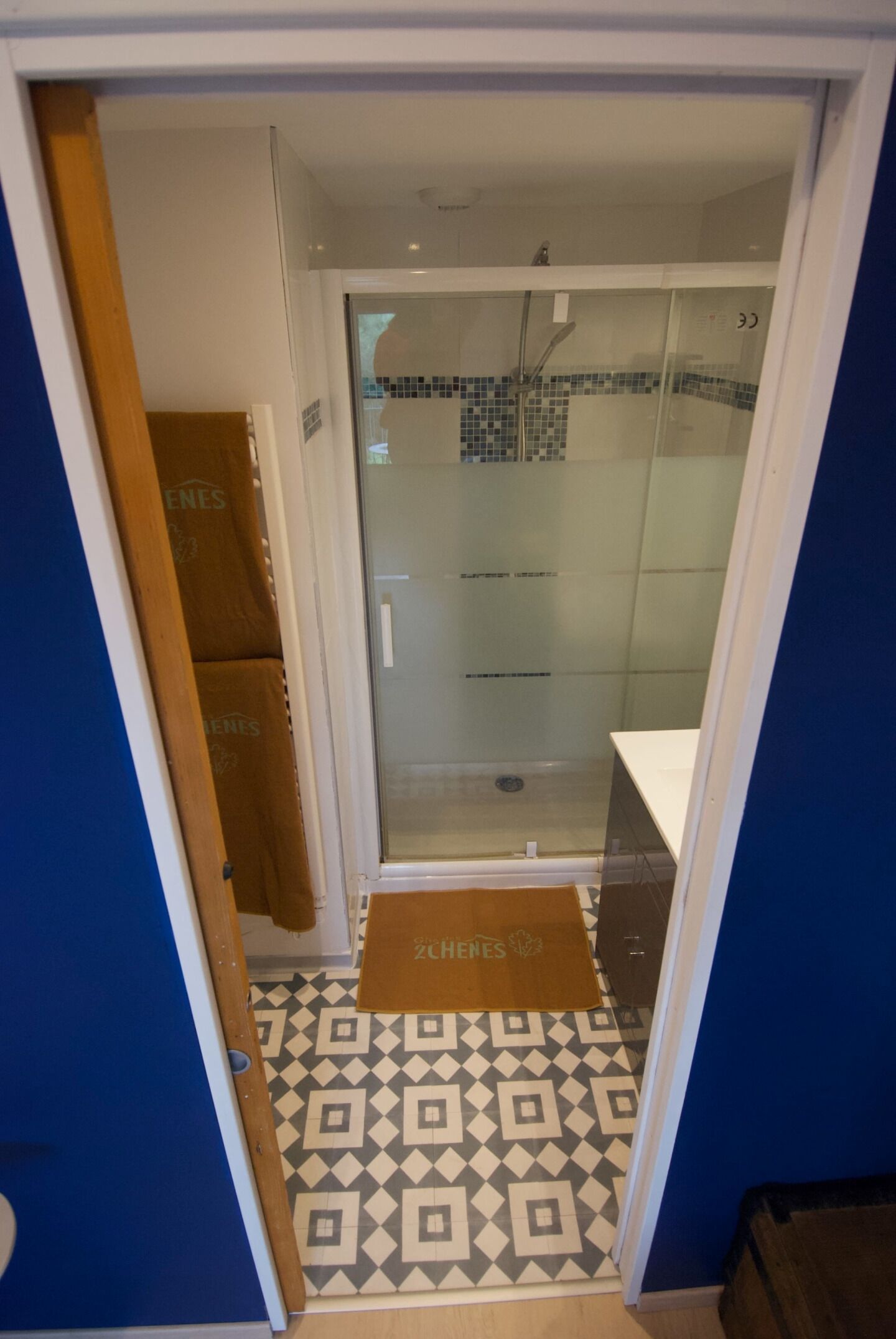 A narrow hallway leading to a glass-enclosed shower area with a patterned floor.